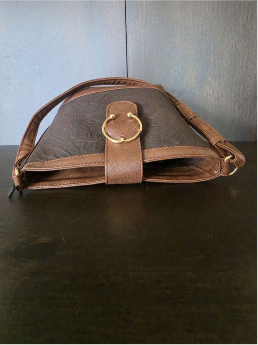 Buckle Dark Brown Floral Embossed Tooled Artisan LEATHER Shoulder Bucket Bag - Picture 8 of 16